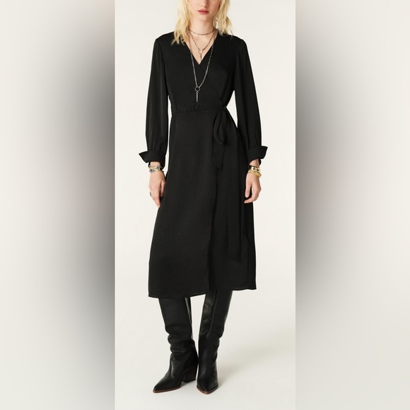 Ba&sh Women's Iris Dress Size 4 Small True Wrap Black Long Sleeve Midi Cocktail - Picture 1 of 12